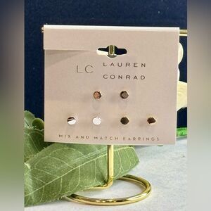 LC Lauren Conrad 3 pairs Gold Silver and Rose Gold Tone Stud Earrings